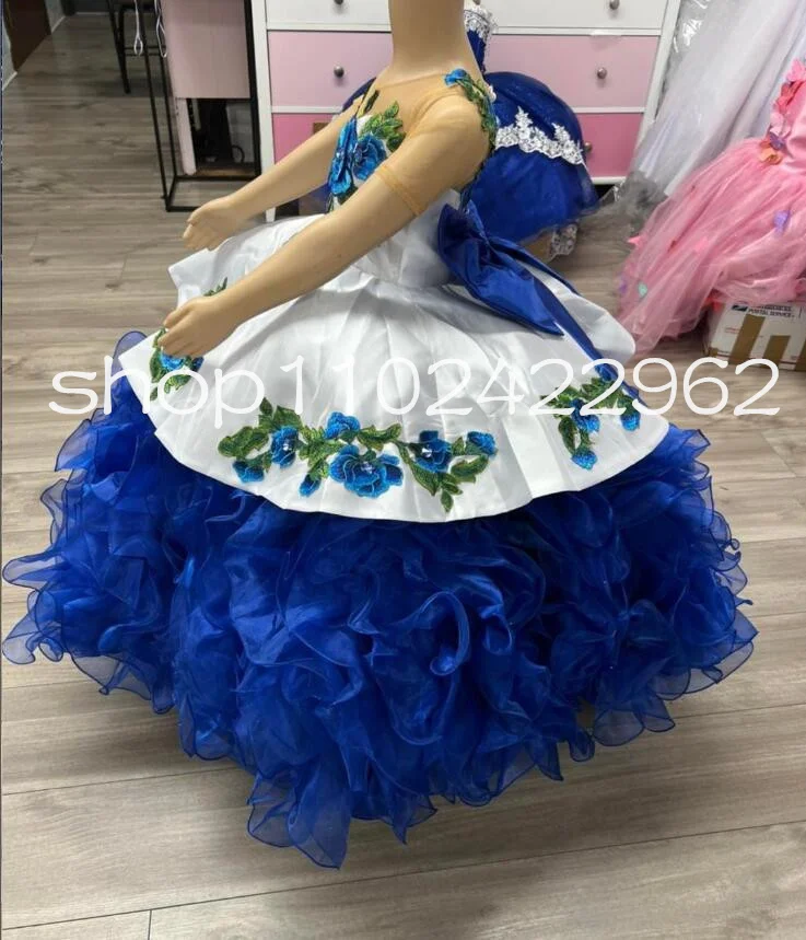 Gaun Mini Charro Meksiko biru putih gaun Quinceanera dengan rumbai pita Applique Floral gaun anak perempuan bunga putri kecil