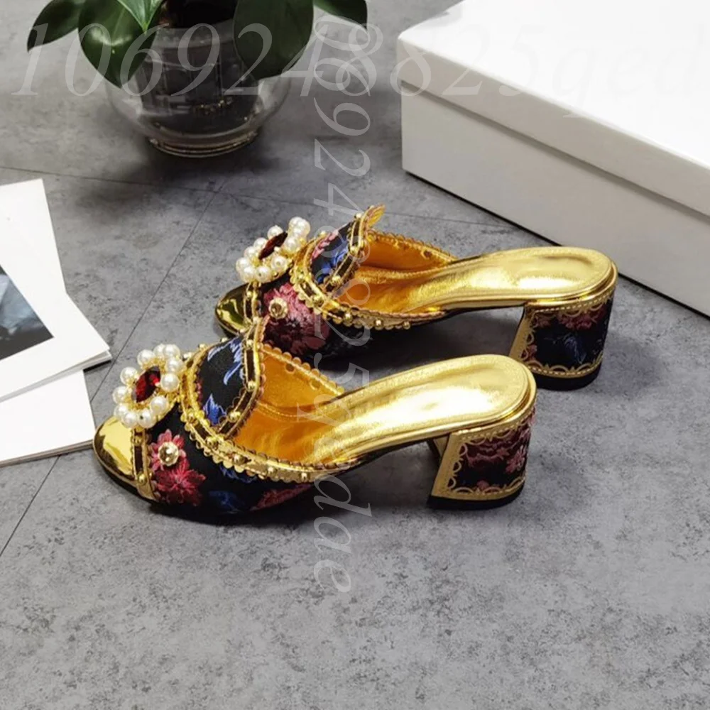 

Women's Floral Print Slide Sandals Gold Metallic Trim, Pearl Embellishment, Open Peep Toe Block Heel with Patterned Detail Shoe