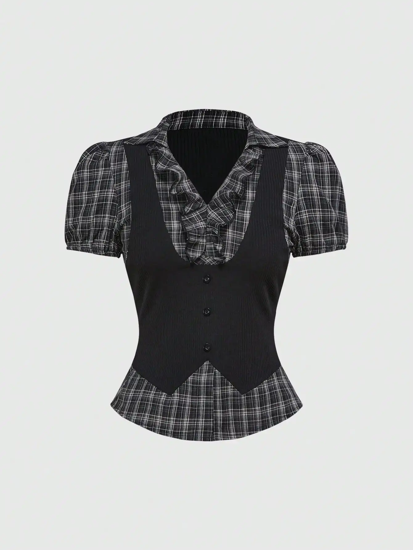 

Винтажный готический женский топ 2-в-1 в студенческом стиле с оборками и рукавами в клетку