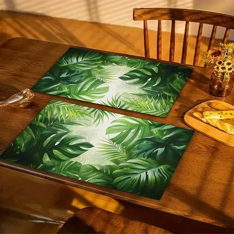 Gradient Light Green Monstera Palm Leaf Tropical Print Linen Placemat Jungle Boho Farmhouse Kitchen Dining Table Decor