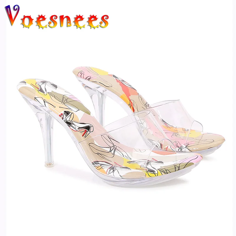 8CM Women Sandals Sexy PVC Jelly Crystal Shoes Plus Size 35-43 Transparent Pointed Toe Slippers Summer Daily Shopping High Heels