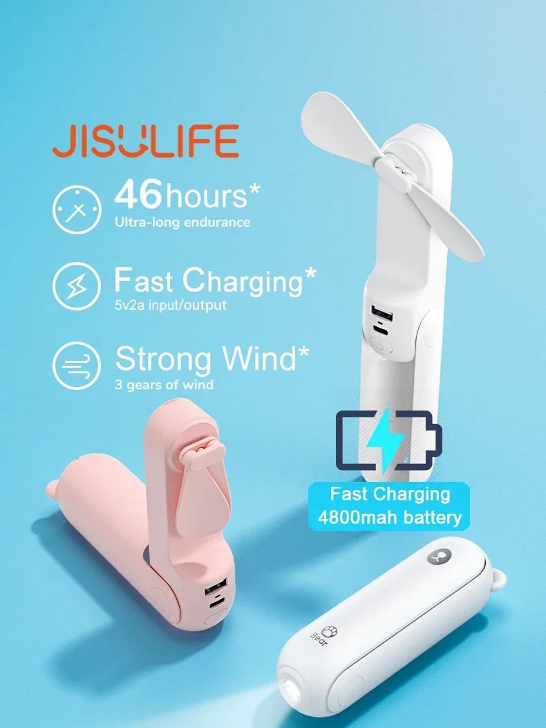 JISULIFE Mini Fan Portable 4800mAh Rechargeable Fan with Power Bank and Flashlight Ventilador de pie Neck cooling tube Small fan