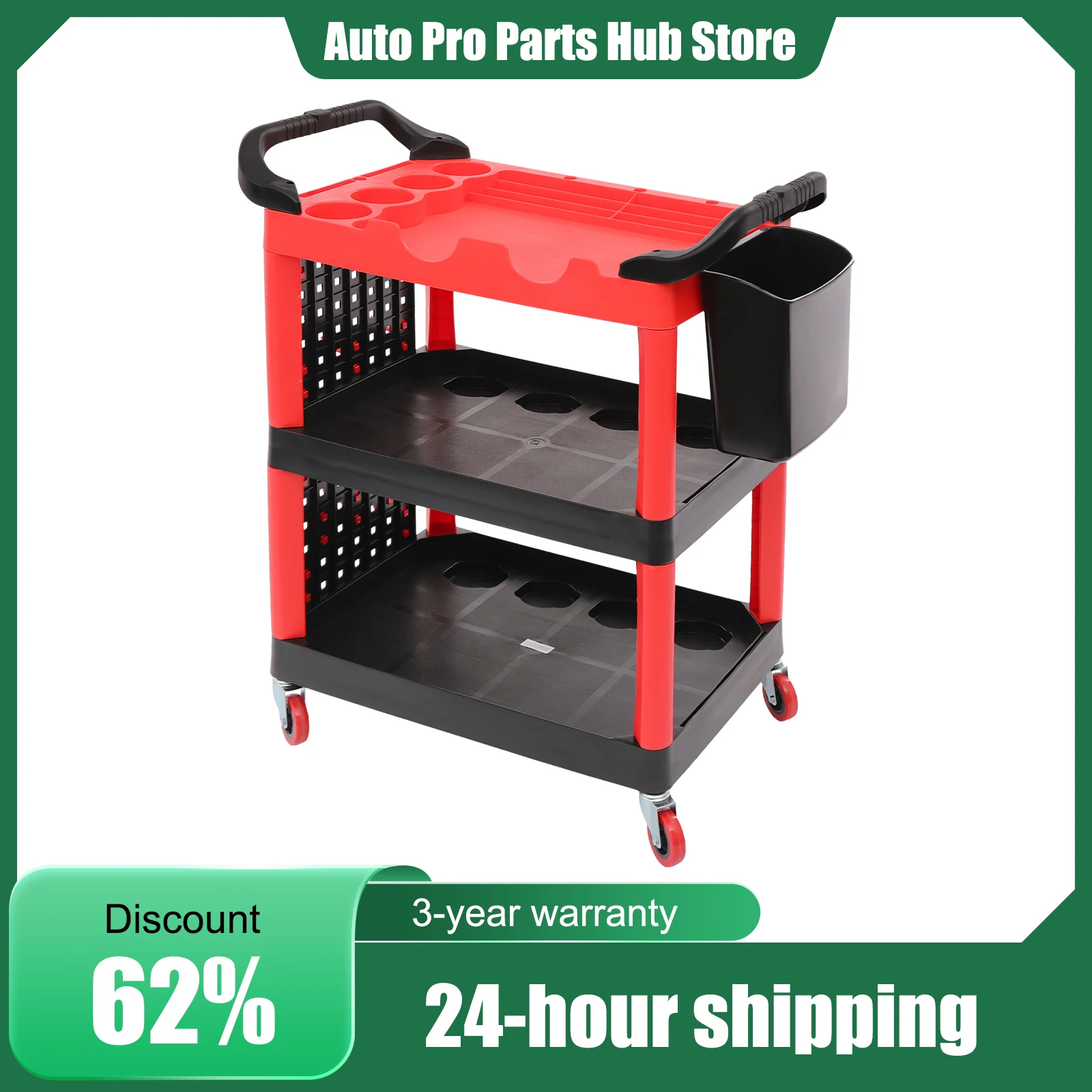 

3 Tier Rolling Tool Cart, Folding Hand Truck, 300lb Capacity, Plastic Utility Cart, with Hooks, Mobile Transport Organizer