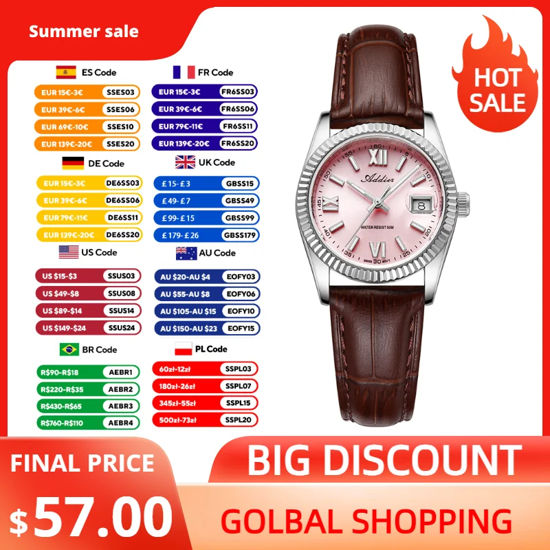 

Addies 28mm Fashion Couple Watch 585 Quartz Movement 50m Waterproof Diver Sapphire Glass BGW9 Super Luminous Luxury Wirstwatch