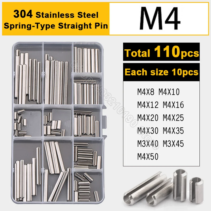 

110pc M4 Spring-Type Straight Pin 304Stainless Steel Spring Elastic Open Positioning Cylindrical Cotter Pin Dowel Assortment Kit