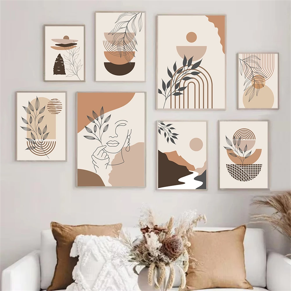 1pc frameless Canvas Painting Retro Boho Plants Abstract Poster Painting Geometry Rainbow Sun Canvas Print Leaves Wall Art Pictu