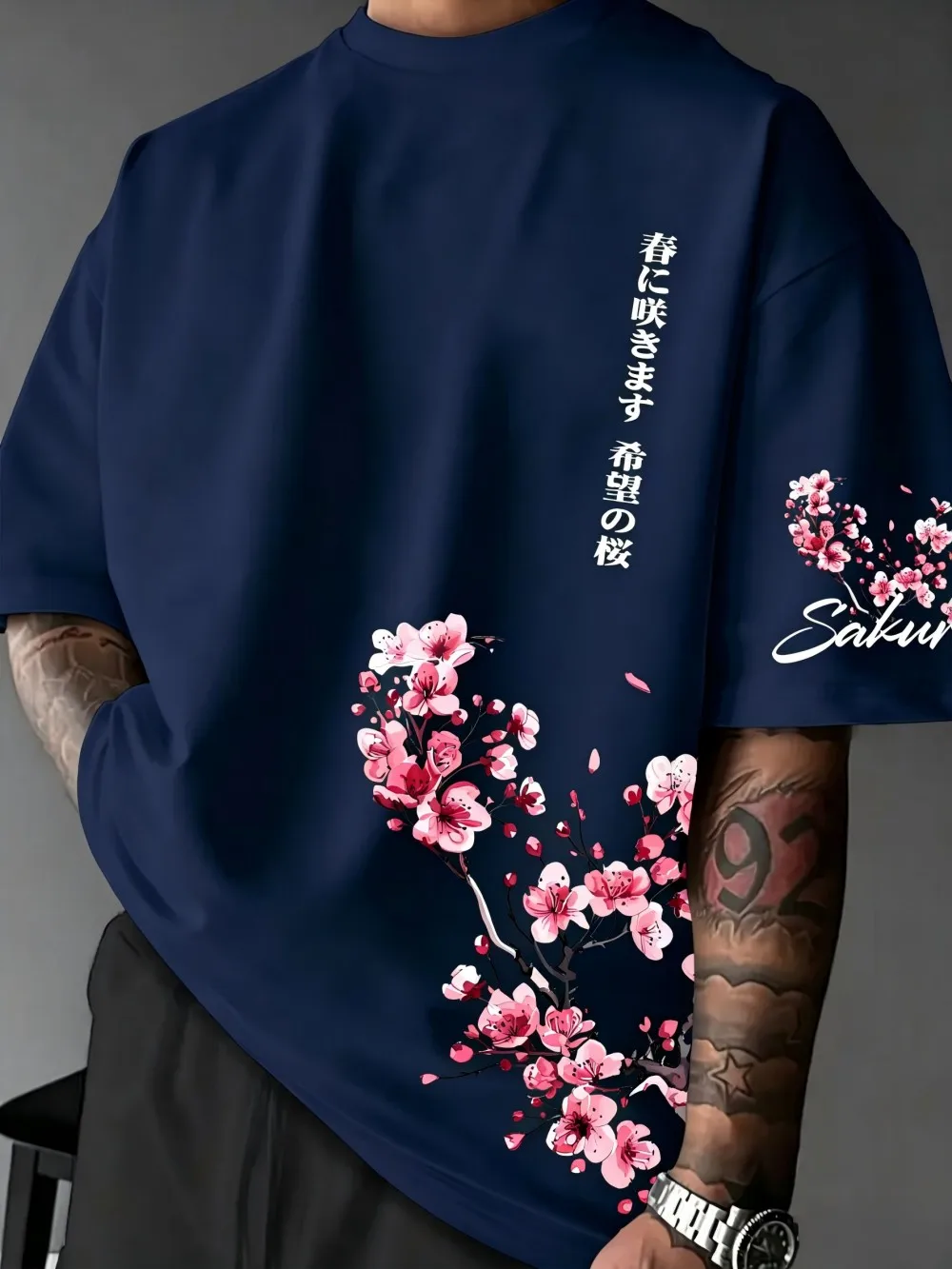 European and American Men's Summer Cherry Blossom Letter Print Comfortable and Breathable Round Neck T-Shirt Outdoor Street Top