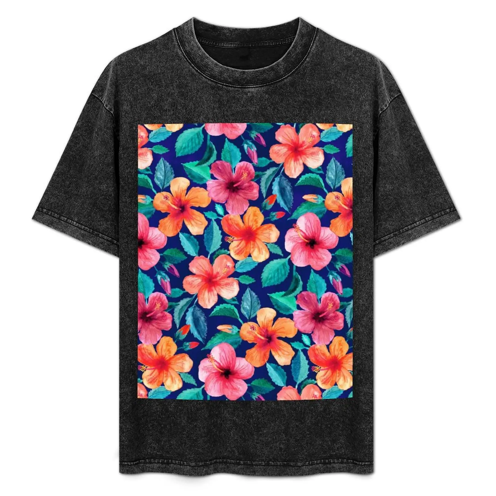 

Colorful Watercolor Hibiscus on Indigo Blue T-Shirt customizeds oversized t shirt mens shirts graphic tee