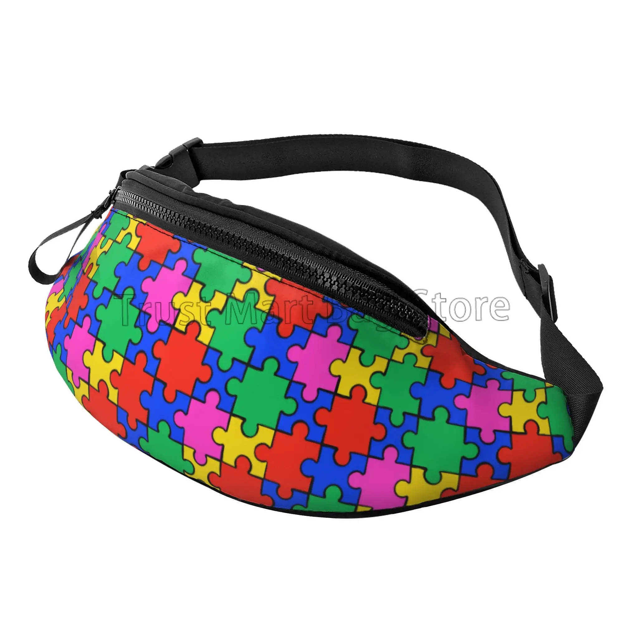 Autism Awareness Puzzle Piece Fanny Pack Geometric Casual Crossbody Bag Adjustable Belt Waist Bag for Travel Cycling Running