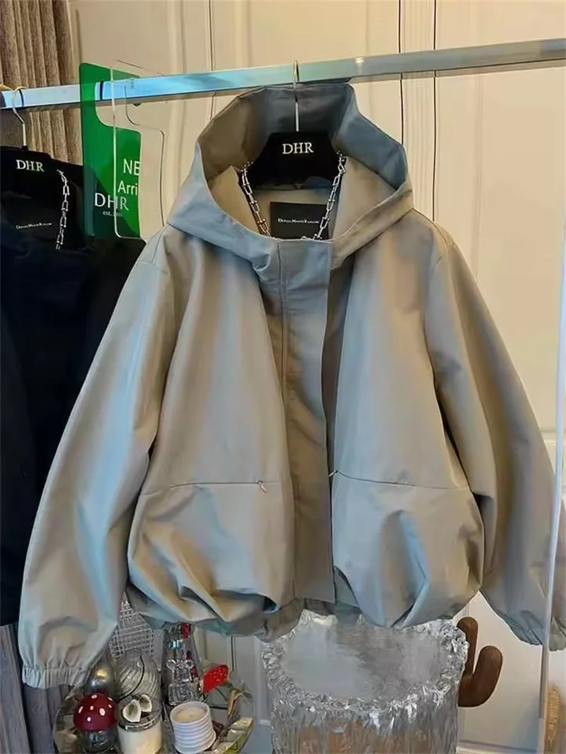 Unique Women Spring Autumn Hooded Short Jacket Casual Drawstring Pocket Windbreaker Loose Zipper Basic Coat