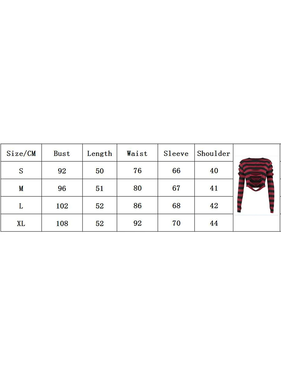 Women Ripped Crop Tops Gothic Long Sleeve Round Neck Striped Print Loose y2k Grunge Loose Pullover T-Shirts Halloween Costume