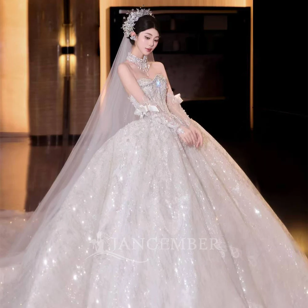 

Ball Gown Wedding Dresses For Women Royal Customized Strapless Wedding Gown Removable Sleeves Chapel Train Vestidos De Novia