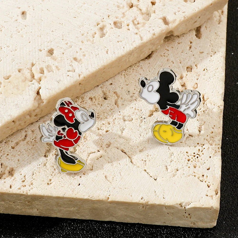 Disney Mickey Mouse Stud Earrings for Women Girls Anime Jewelry Accessories Minnie Asymmetrical Earring Kids Birthday Xmas Gifts