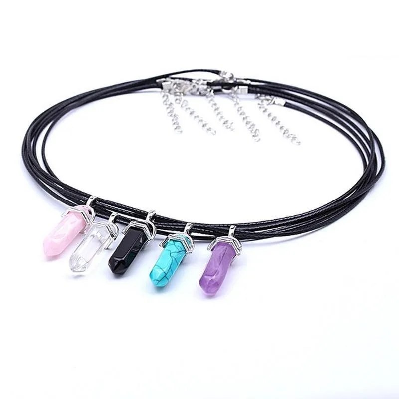 40PCS/30PCS Sechseckigen Chakra Synthetische Kristall Anhänger Spitzen Quarz Stein Mit Leder Halskette Kette Lagerung Tasche Schmuck – Detail 4