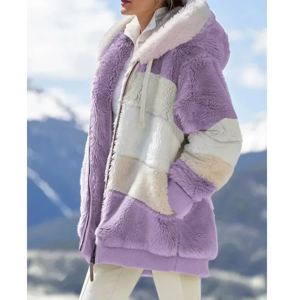 Winter Fashion Women\'s Coat 2025 Hooded Zipper Ladies Jacket Spliced Thick Cashmere Women Jacket Stitching Plaid Ladies Coats