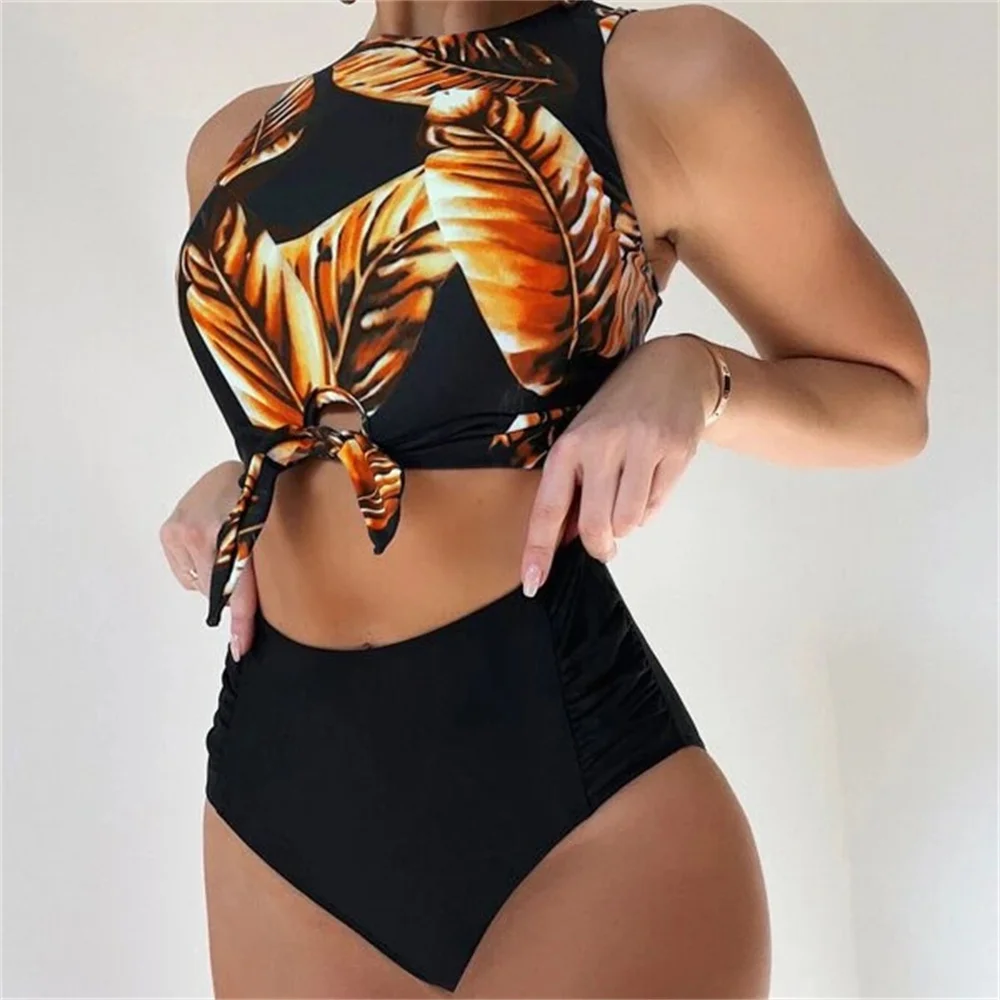 Mulheres folhas douradas impressão Biquíni, tankini, maiô praia de cintura alta, oco para fora bandagem, roupa de banho sexy, tanga, duas peças maiô