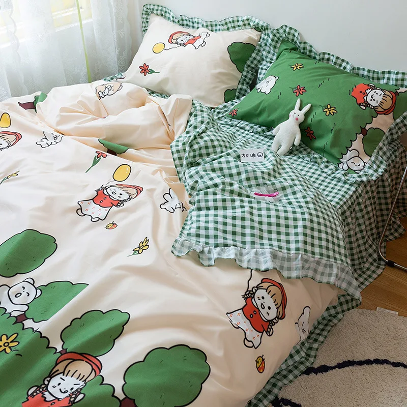 Korean version of lotus leaf edge bed skirt lace four-piece set student dormitory bed sheet quilt cover