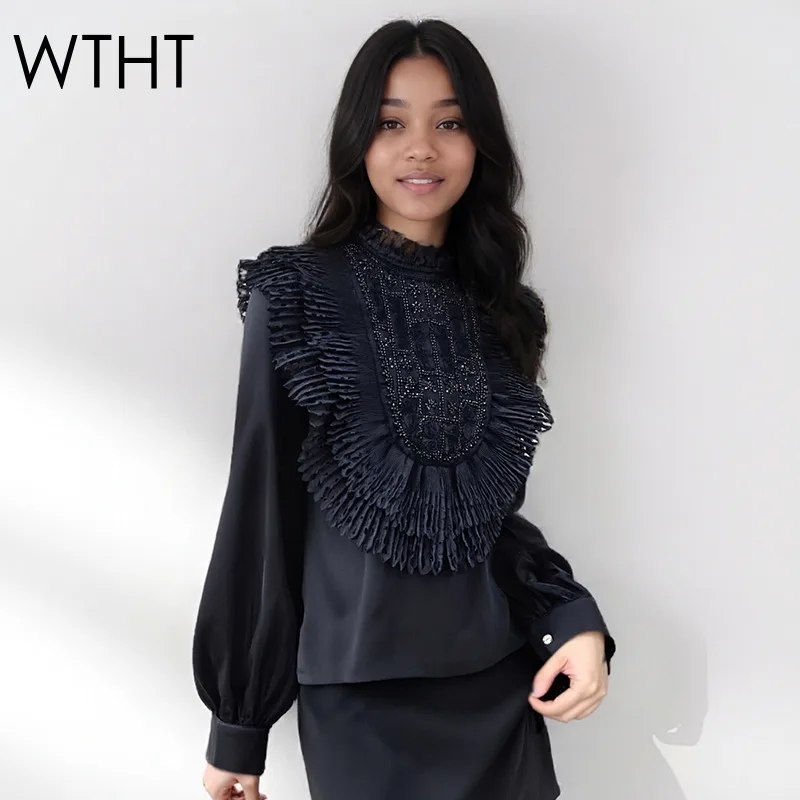 

WTHT Trendy New Women's Nail Beading Ruffled Edge Chiffon Shirt 2025 Fashion Long Sleeve Blouse Female 1LS2787