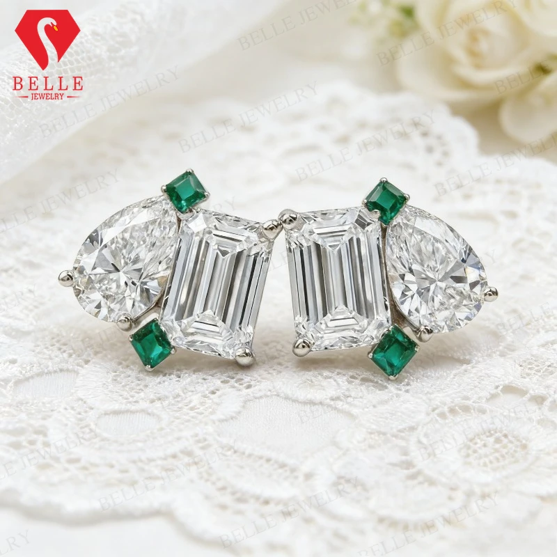 925 Sterling Silver Moissanite Lab Grown Gesmtone Custom Stud Earrings Pear Emerald Colorful Fashion Jewelry Party Birthday Gift
