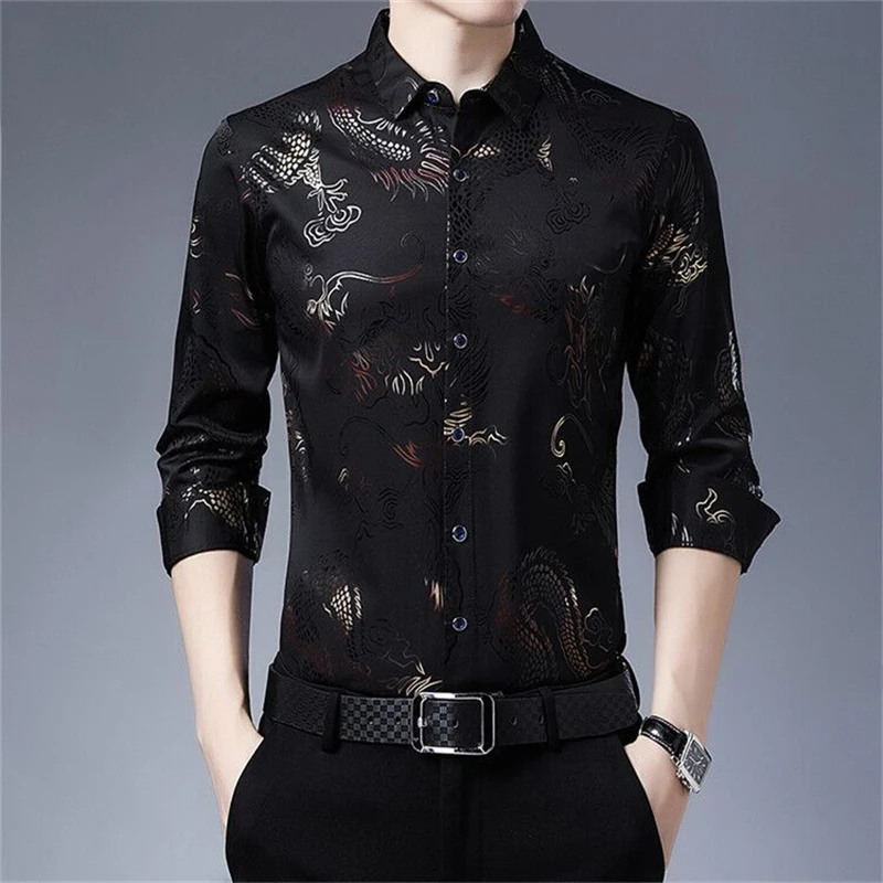 Chemises à imprimé graphique dragon de style chinois vintage pour hommes, chemises d'affaires décontractées, manches longues, mince, printemps, automne, 2023