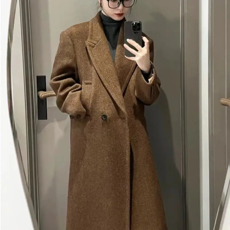 

Костюмный воротник в корейском стиле, высококачественное шерстяное пальто, женский осенне-зимний универсальный новый товар, шерстяное пальто длиной до колена, новый стиль