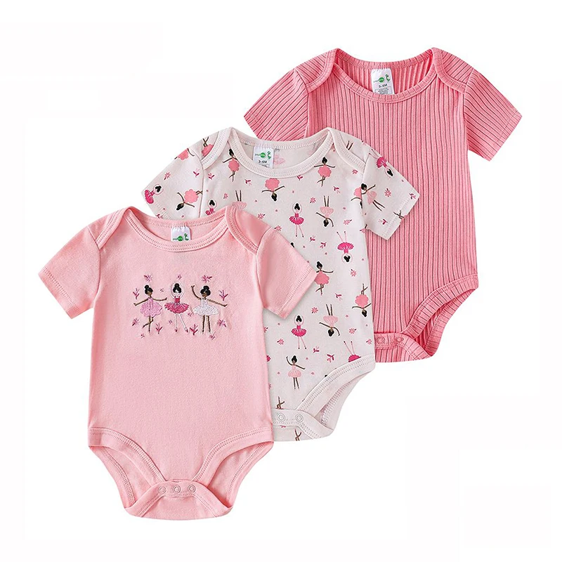 Kit 3 Bodies para Bebê Menina, Manga Curta, Estampa de Bailarina, Cor Rosa e Tecido Macio