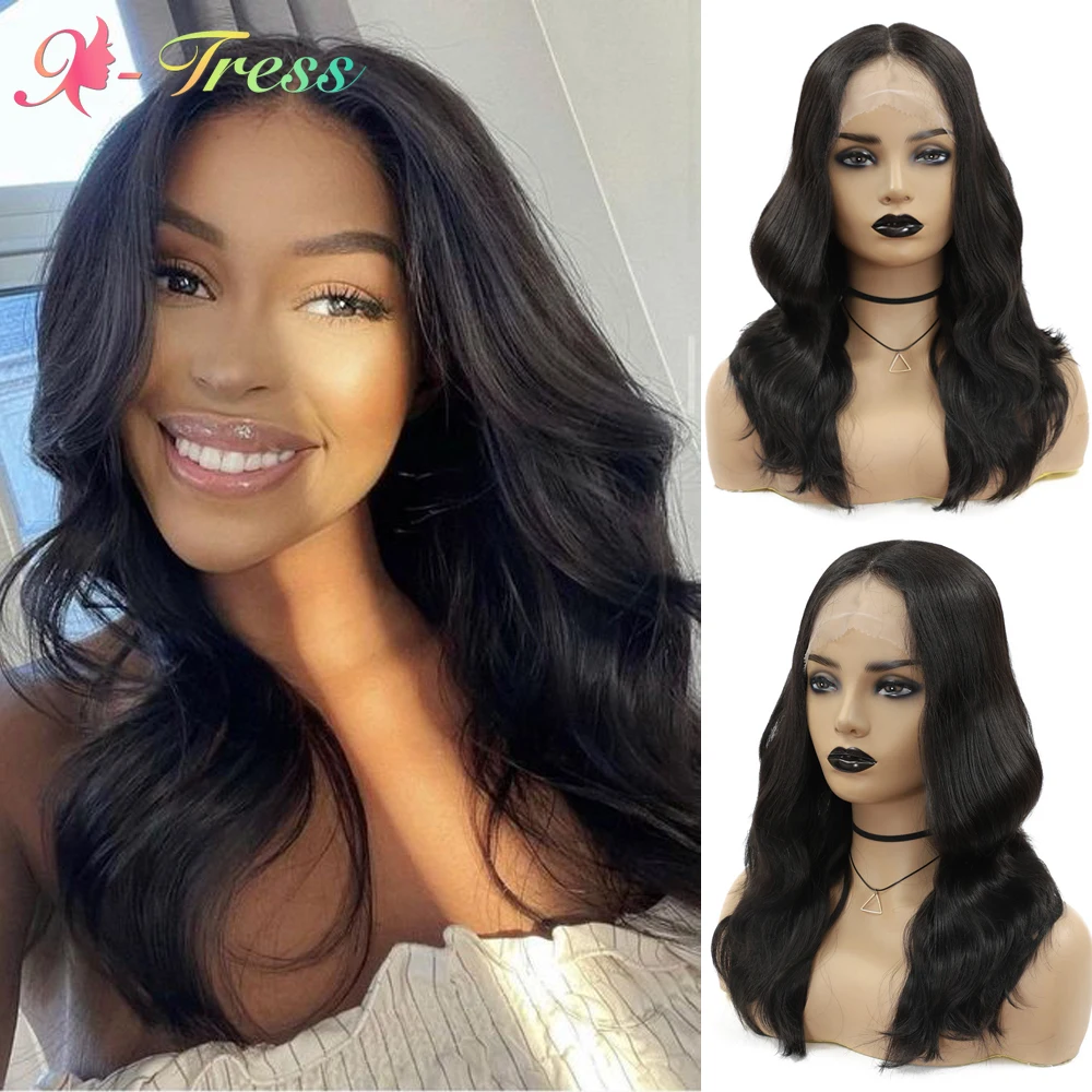 

X-TRESS Synthetic Lace Front Wig with Baby Hair 18 Inch Medium Body Wavy Daily Hairstyles Middle Part Lace Wigs for Black Women