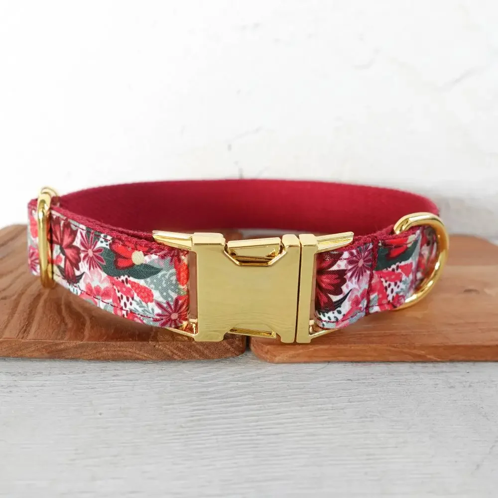 Personalized Dog Collar with Free Engraving, Matching Pet Leash,Customzied Contacts Metal Buckle,Red Flowers Pet Collar