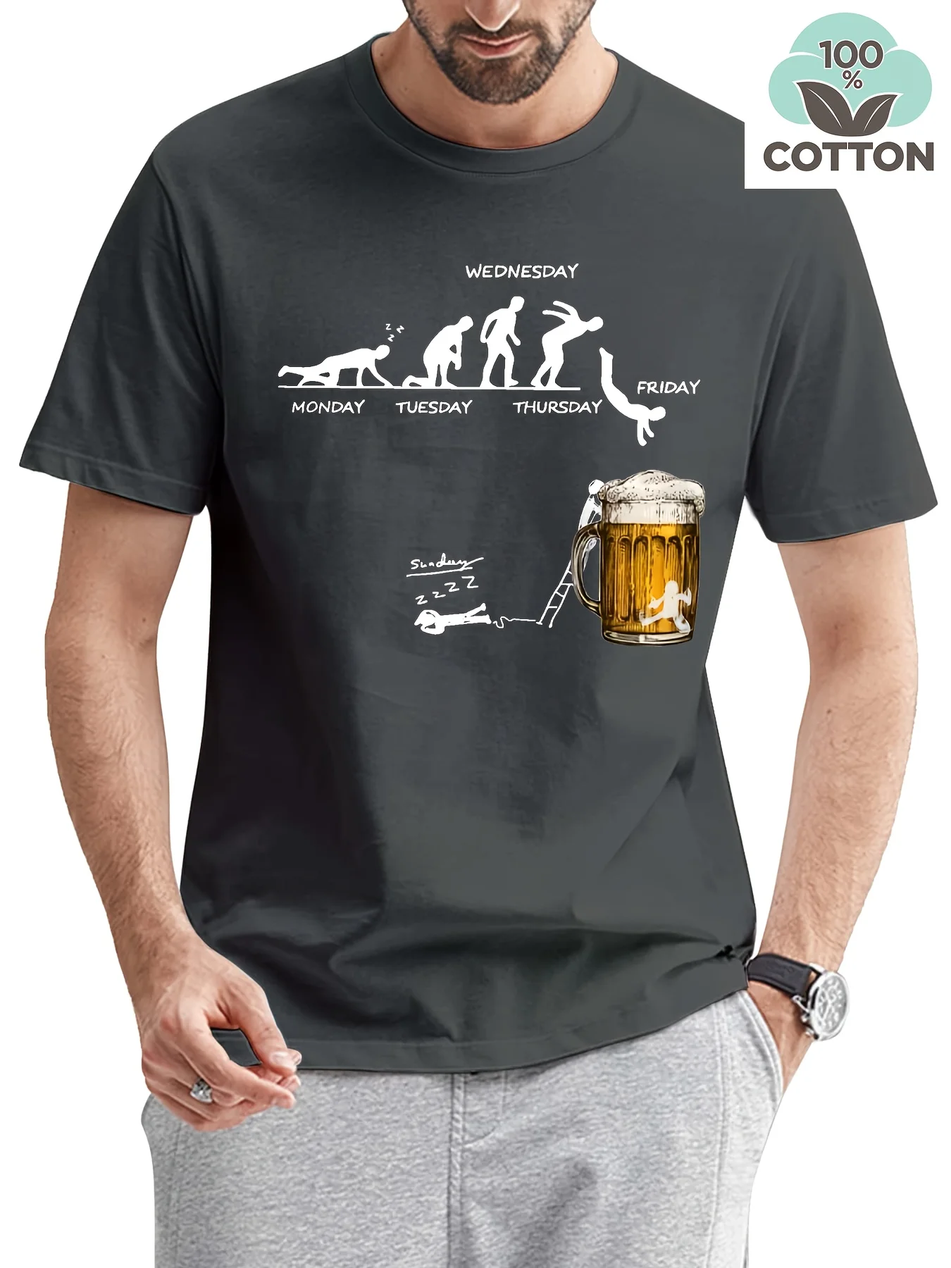 Men's Summer 100 Cotton Fashionable Casual Loose Large Fun Beer Pattern Printed Sports Round Neck Short Sleeve T-shirt Top image 2