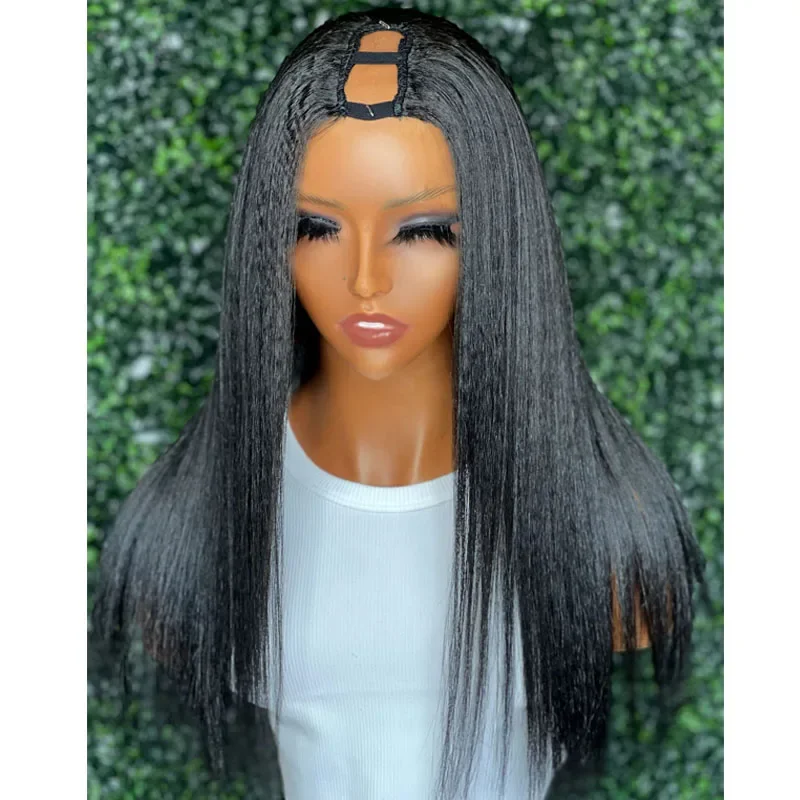 

Long Natural Black 1x4 V Part Wig Kinky Straight 100% Human Hair Yaki Straigh U part Wig 200% Density Full End Machine None Lace