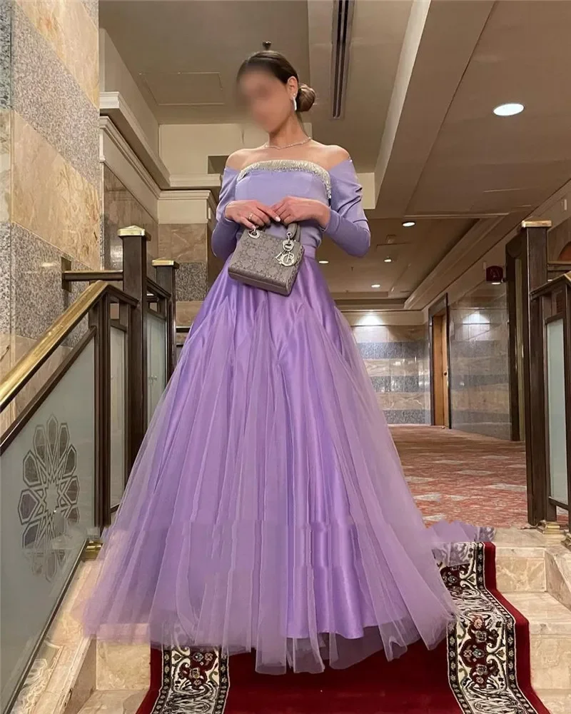 Elegant purple satin tulle formal evening gown pleated sequin camisole floor-length pommel dress Cocktail ball dress فساتين السه