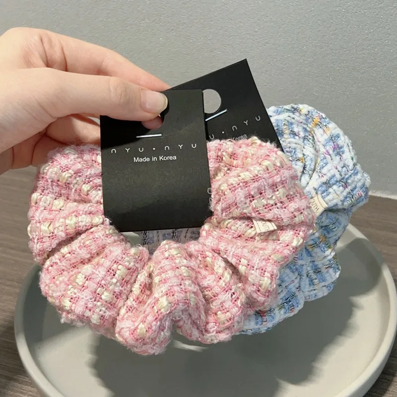 Wholesale Korean New Simple Woven Tweed Small Fragrant Hair Rope Fashion Colofurl Grid Elastic Scrunchie For Woman Girls