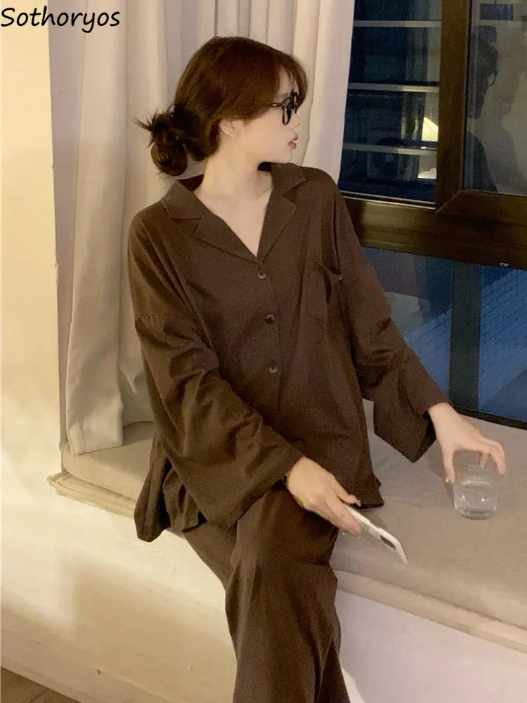 Pajama Sets Women Autumn Couple Solid Vintage Comfortable Ins Sleepwear Leisure Daily Unisex Ulzzang Basic Casual Homewear Cozy