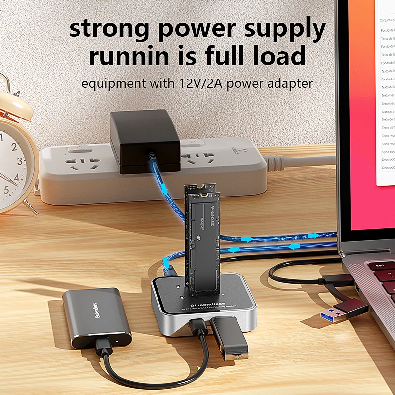 Blueendless Duay-Bay M.2 NVMe / SATA protocol SSD Docking Station with Hub SSD Reader Type C USB3.1 10Gbps external SSD case