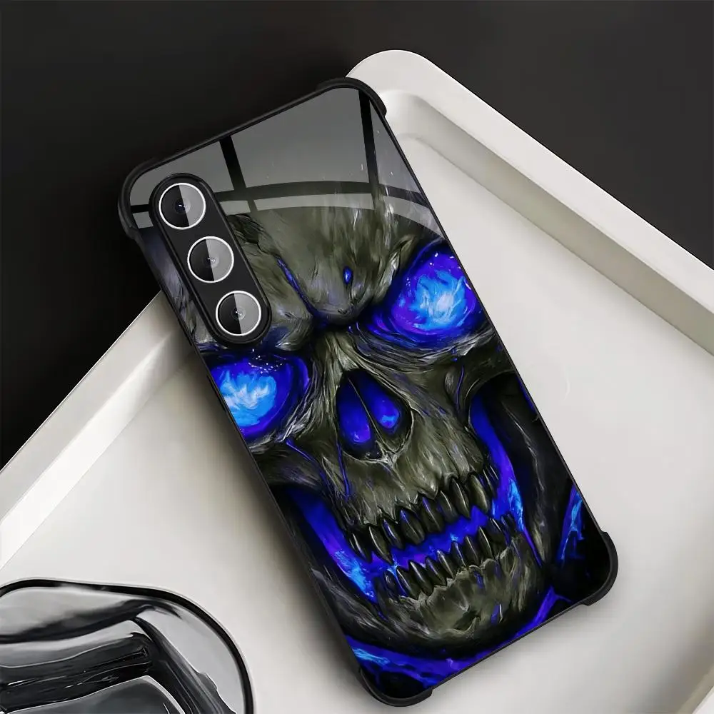 Blue skull pattern tempered glass phone case suitable for Samsung Galaxy S26 S25 S24 S23 S22 S21 S20 FE/Ultra/Plus anti drop