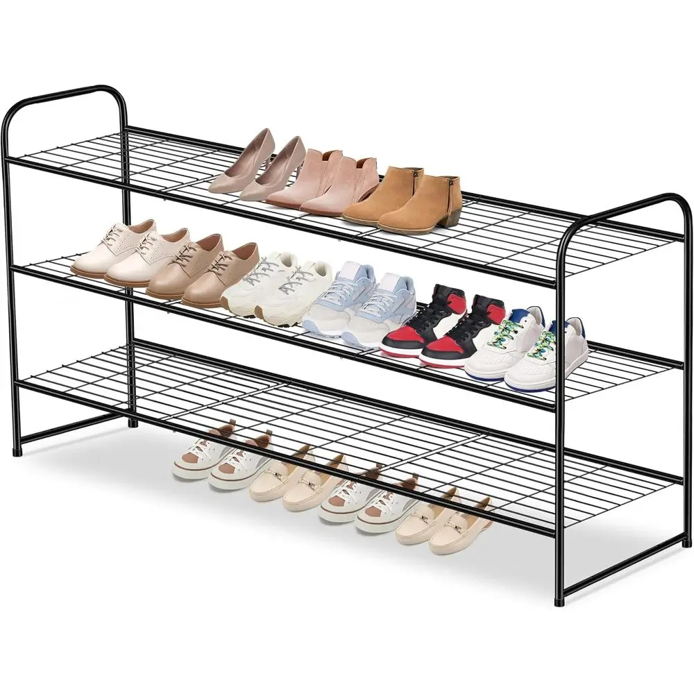 

Long 3 Tier Metal Shoe Rack or Closet Wide Stackable Shoe Storage Organizer or Entryway, Bedroom, loor, 24-Pairs Men Sneak
