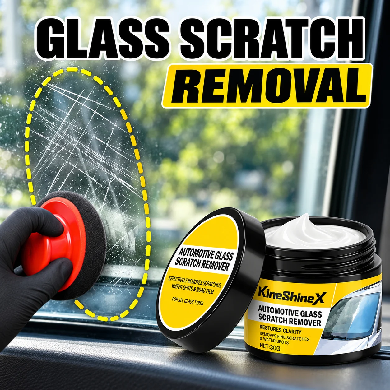 Glass scratch repair wax, used to fix and polish scratches on car windshields, glass doors, and windows