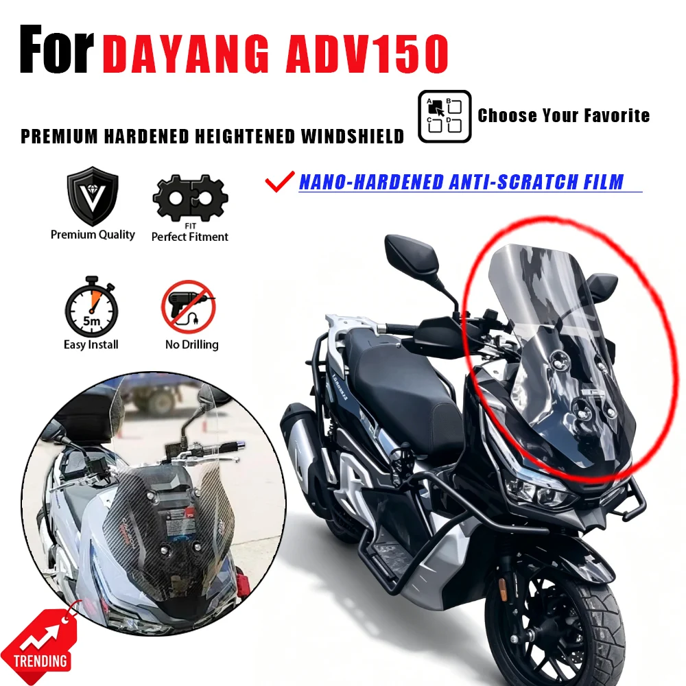 For DAYANG ADV150 Heightened Windshield Paint Coated Hardened Film Windscreen Accesorios Moto Parabrisas Cupula 150 Parts