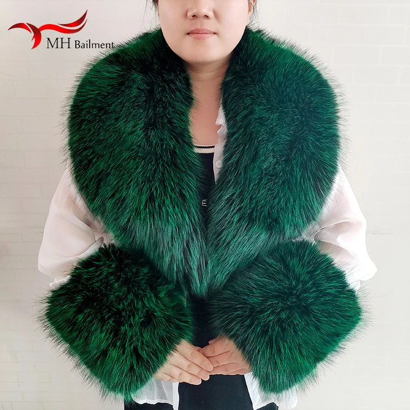 Large Winter Faux Fox Fur Scarf Women Jackets Warm Fluffy Shawl Fashion Artificial Fur Collar And Cuff Set Fluffy Scarves Female