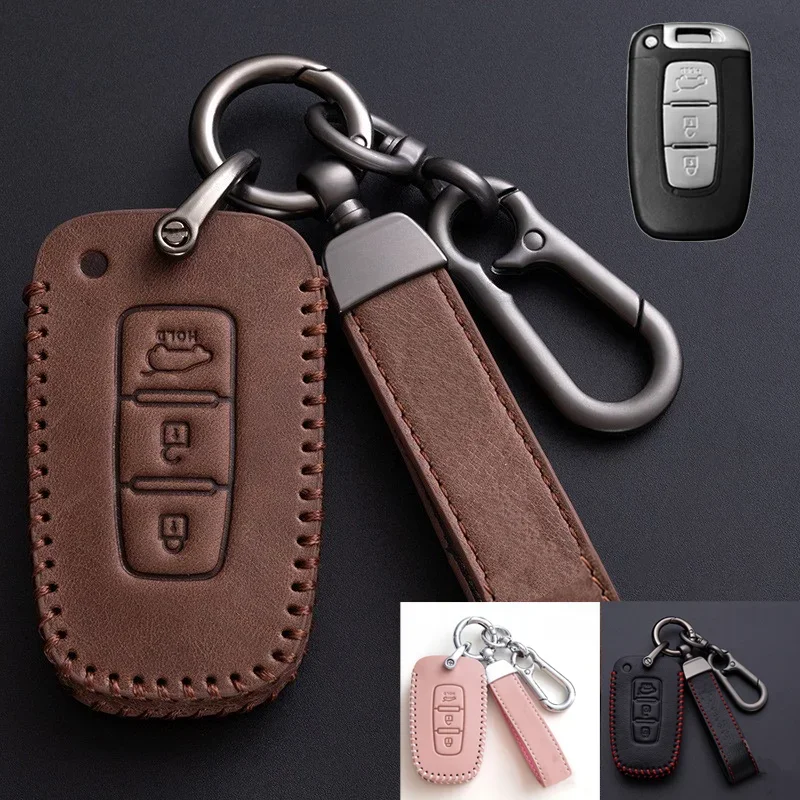 Genuine Leather Car Remote Smart Key Fob Case Cover Bag With Keychain For Hyundai Sonata Veloster Elantra I30 Ix35 Genesis Equus