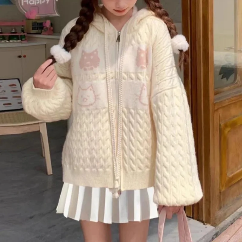 

Жаккардовый вязаный кардиган в японском стиле с котом, женское милое пальто на молнии с капюшоном, куртка для девочек в консервативном стиле, осенний новый трикотаж