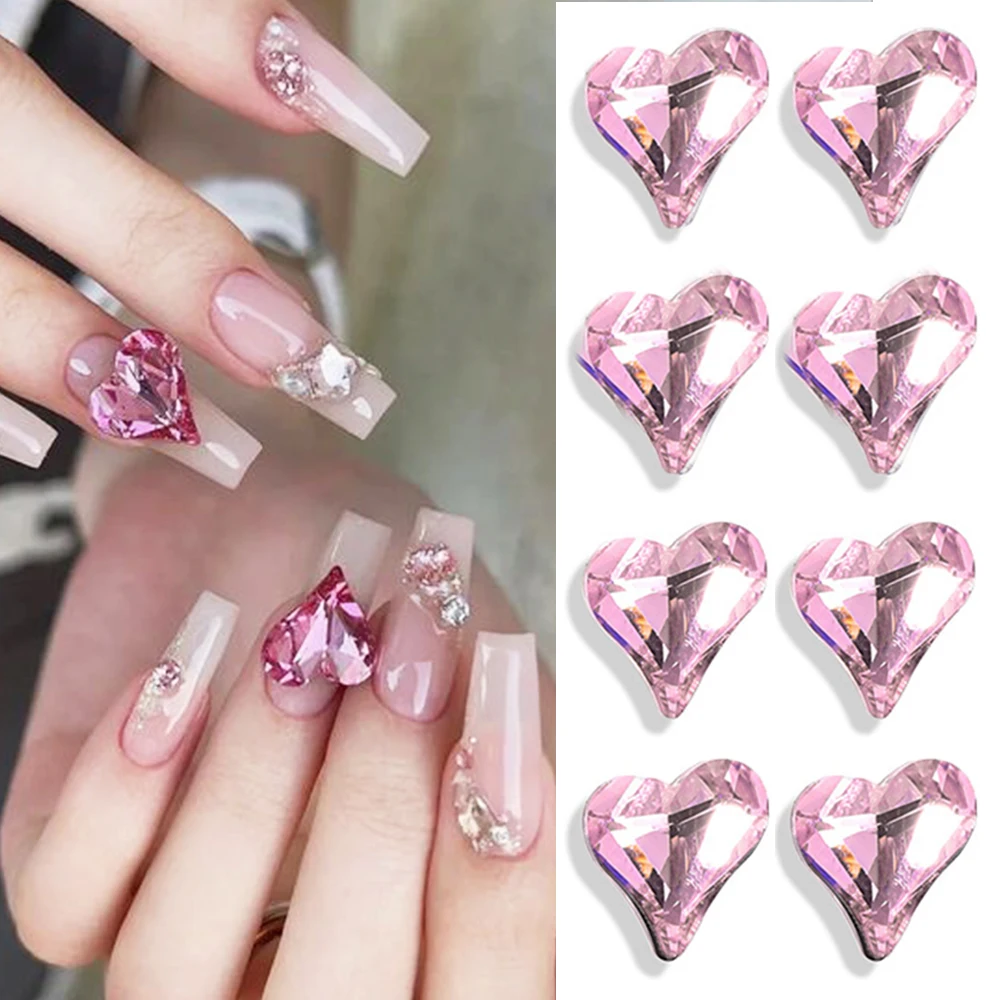 Pink Heart Nail Rhinestones Flat Back Crystal Gems Kawaii Love Heart Nail Charms Korean Parts 3D Strass Manicure Decoration GLPH