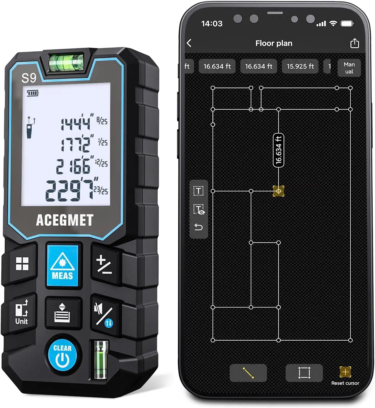 

Лазерный измеритель 229 футов/70 м с приложением, Bluetooth, ЖК-подсветкой, 2 уровнями пузырьков, IP54, режим пифагора