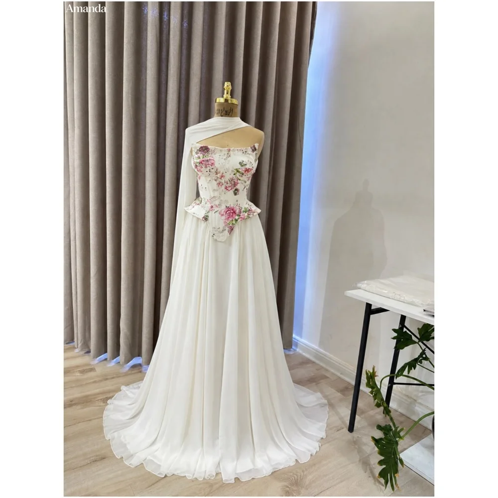 Amanda Customizd One‑shoulder Floral Print Chiffon Evening dress Prom dress Peplum Corset A‑line Romantic Delicate Women's dress