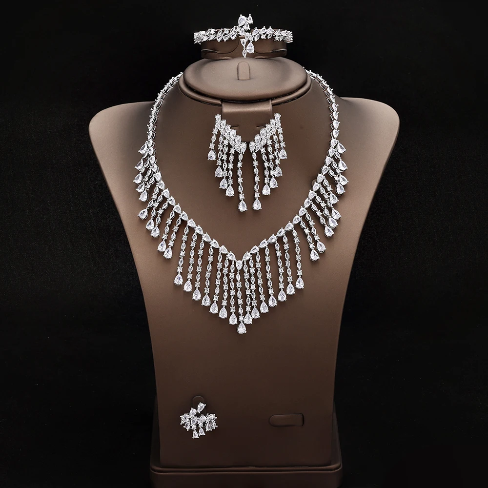 

HIBRIDE Fashion sliver color tassel necklace earrings bracelets women dress decorative jewelry wedding dance party gifts S-1038