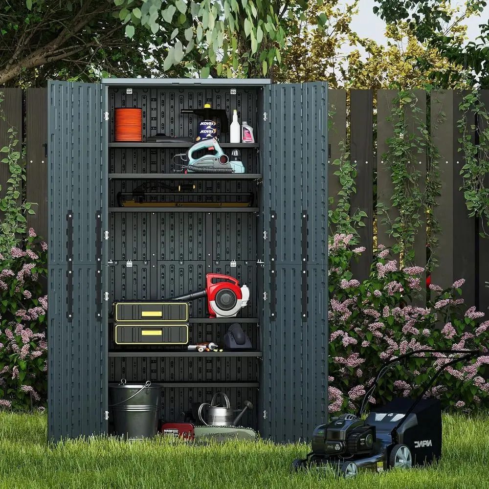 

Secure 30ft Outdoor Veal Resin Shed with Tall Cabinet, Grey, Weatherproof for Garden Storage