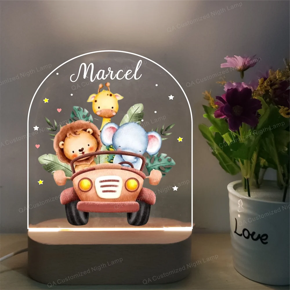 

Custom Name Acrylic Night Lamp Personalized Baby Gift Wood Base Animal Theme LED Light Gift Birthday Christmas New Year Present