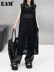 [EAM] Women Black Knitting Hollow Out Big Size Long Dress New Round Neck Sleeveless Fashion Tide Spring Summer 2024 1DH6884