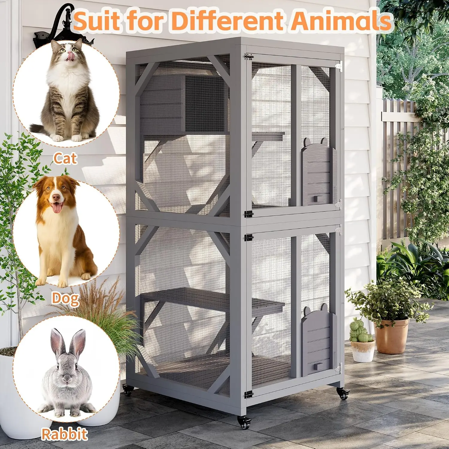 Weatherproof Asphalt Roof Cat Cattery with Activity Bridge & Scratching Post