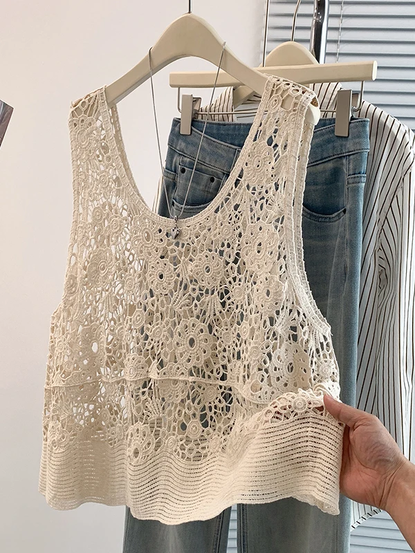 Bohemian Heavy Knitted Hooked Hollow out U-Neck Vest Women Summer New Lazy Loose Backless Sleeveless Top Breathable A-Line Na...
